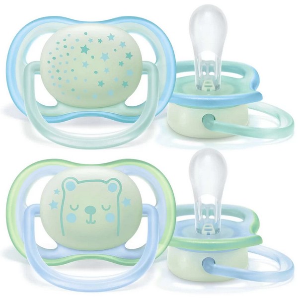 Продукт Philips AVENT Ultra Air Night - Ортодонтични залъгалки + стерилизаторна кутия (0-6м) (2бр./оп.) - нощни с декорация - 0 - BG Hlapeta